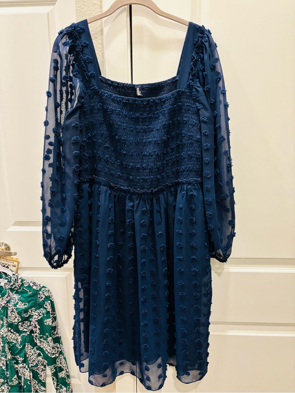 Textured Navy Long-Sleeve Smocked Bodice Dress
